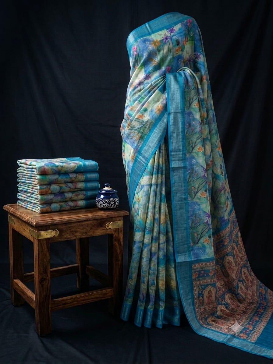 Teal Blue Candy Soft Linen Cotton Saree